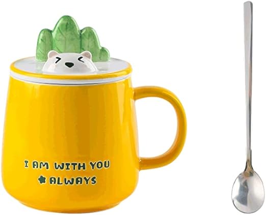 Amazon Co Jp ふたとスプーンの大型のコーヒーマグカップのかわいいセラミックマグカップセットの電子レンジ ホットドリンク 黄色 緑 Color Yellow ホーム キッチン