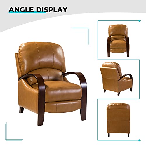 Hulala Home Genuine Leather Manual Recliner With Wood Armrest & Feet, Headrest & Lumbar Support, Mid-Century Modern Push Back Reclining Armchair For Living Room Bedroom, Camel #TOP2