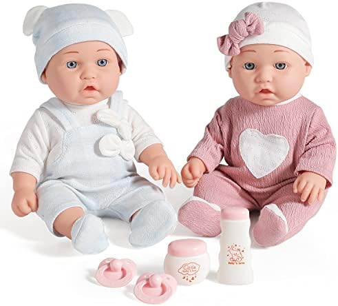 Enjoyin 12'' Twins Baby Doll Playset with Accessories Includes Boy and Girl Dolls, 2 Powder Bottles, and 2 Pacifiers, Ideal Gift for Children Age 3+