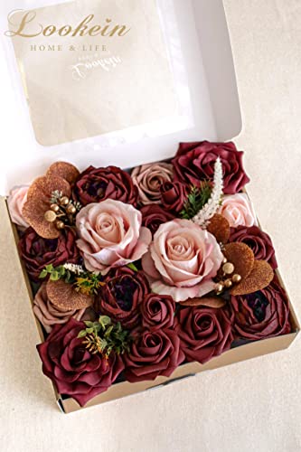 Lookein Burgundy Flowers For Diy Burgundy Wedding Decorations Flower Arrangements Bridal Bouquet Table Centerpieces Flower Garland Wreaths Aisle Arch Home Decor, Classic Burgundy #TOP6