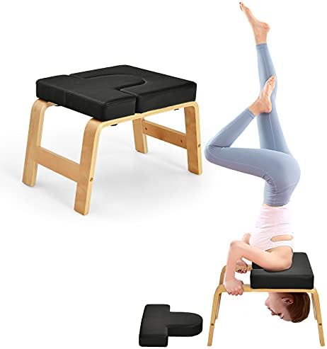 COSTWAY Yoga Headstand Bench, Inversion Stool with Solid Wood Frame & Detachable PU Pads, Multifunctional Yoga Chair for Body Building Stress Relieve