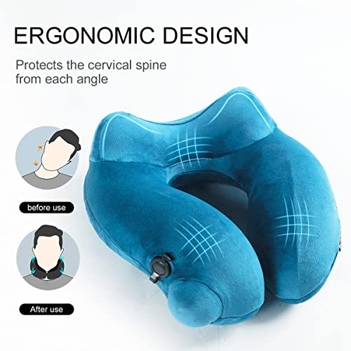 Swisssky Travelicons Travel Pillow，Inflatable Neck Pillow,Soft Velvet Neck Support Pillow For Sleeping,Compact Portable Neck Support Pillow For Airplane (Lake Blue) #TOP2
