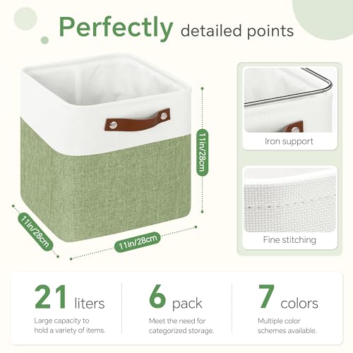 FinishingBo Cube Storage Baskets 6 Pack, 11x11 inch Cube Storage Bins with Leather Handles for Shelf Closet (White/ Green) by FinishingBo - Image 4
