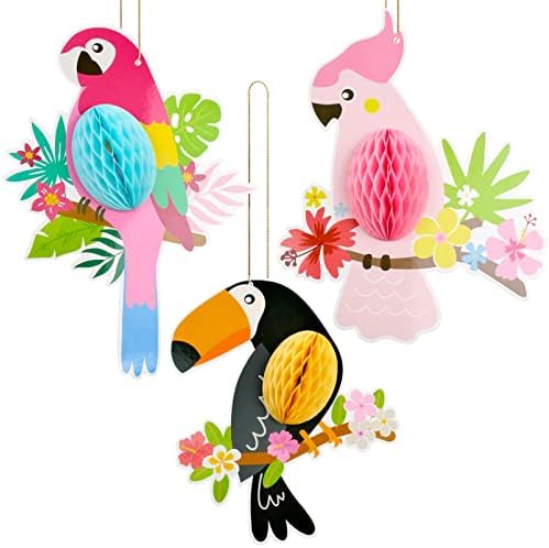Tropical Birds Hanging Parrots Decoration 3 Pieces Birds Party Paper Cutouts Honeycomb Parrot Ornaments Bird Party Hanging Decorations for Hawaiian Summer Beach Tiki Bar Luau Party Supplies