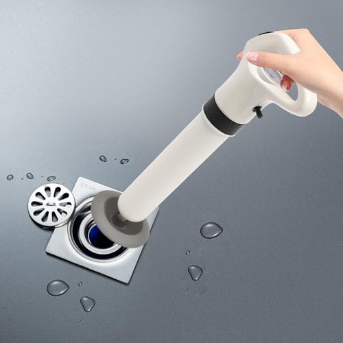 RABEEXP Toilet Plunger for Bathroom, Drain Clog Remover with 3 Replaceable Unclogger Head, High Pressure Toilet Auger for Shower, Sink, Bathtub, Clogged Pipe, Max. Air Pressure 6bar/87PSI, White
