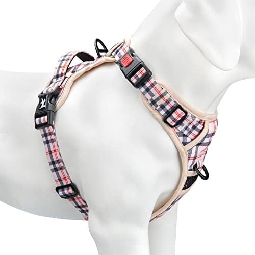 PoyPet No Pull Dog Harness, [Release on Neck] Reflective Adjustable No Choke Pet Vest with Front & Back 2 Leash Attachments, Soft Control Training Handle for Medium Dogs(Checkered Blue & Green,M)