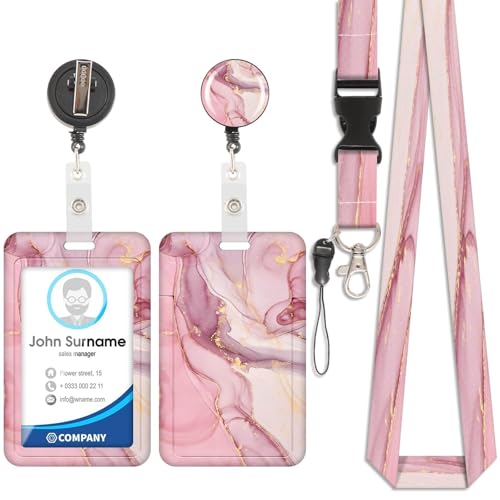 Porte Badge avec Cordon Tour de Cou Porte-cartes Swivel Lobster Clasp avec Lanières Rétractables, Lanyard Strap Neck pour Porte Badges d'Identification Clés Caméra Téléphone Portable (Marbre Rose)