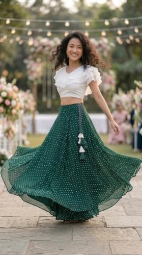 Image of Women's Lycra Top with Georgette Skirt | Polka Dot Print Long Flared Maxi | Full Length Flowy Skirt for Women | Stylish Casual Wear