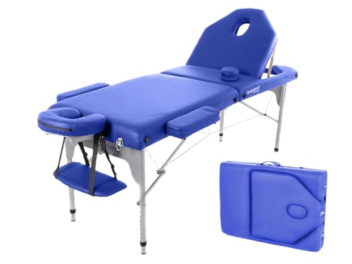 Quirumed Lettino da massaggio pieghevole in alluminio, 186 x 66 cm, imbottito 14 cm, similpelle, colore blu, altezza regolabile, schienale ribaltabile, leggero, fino a 150 kg