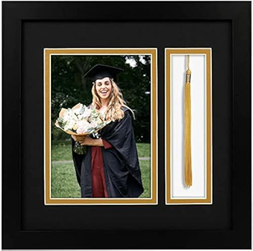 Golden State Art 10x10 Graduation Frame with Real Glass - Fits 5x7 Photo & Tassel - Double Mat (Black Over Gold) Signature Collection - Diploma Frame with Tassel Holder for Wall Display