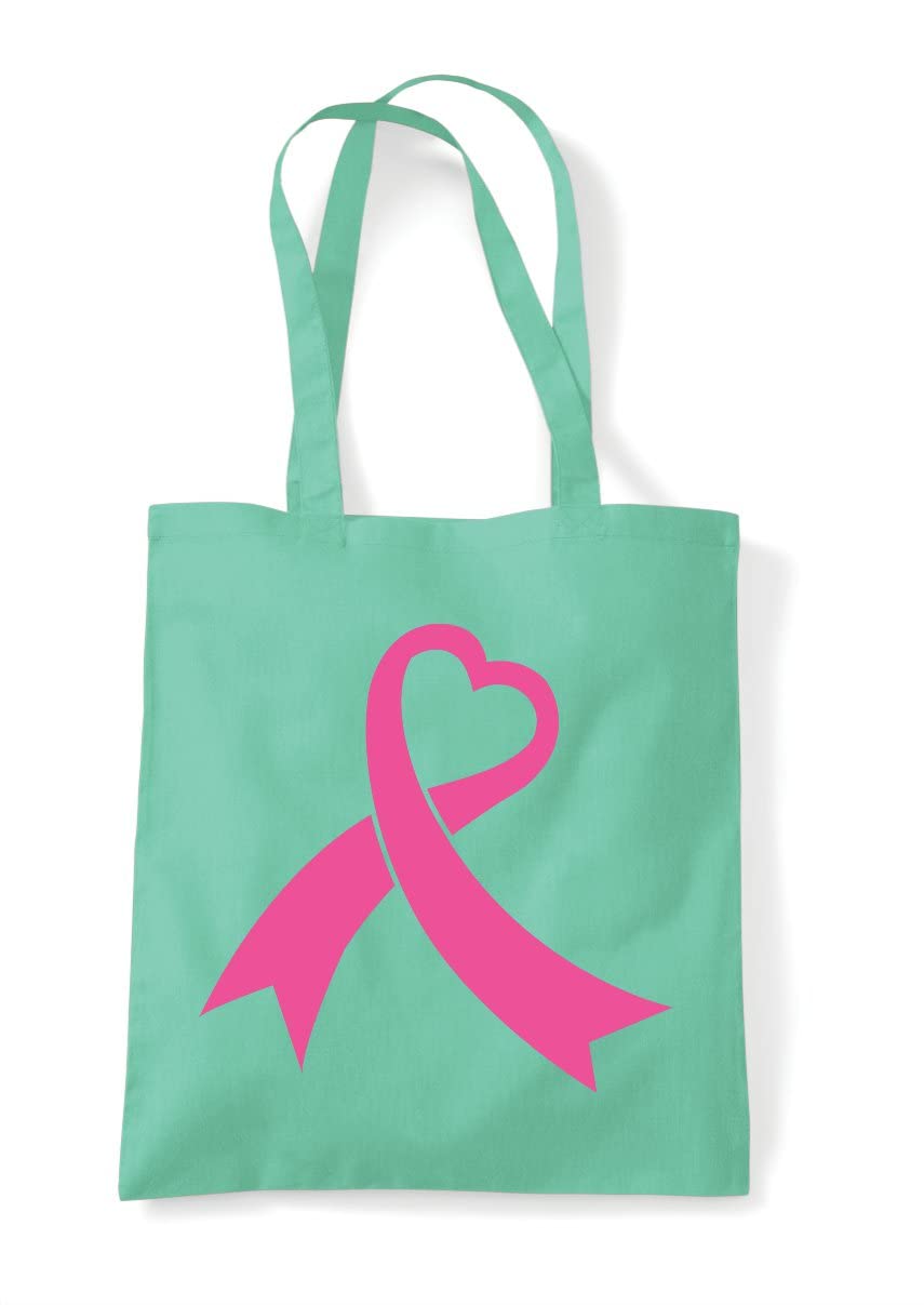 Pink ribbon (style one) heart shape breast cancer awareness statement tote shopping bag - Mint