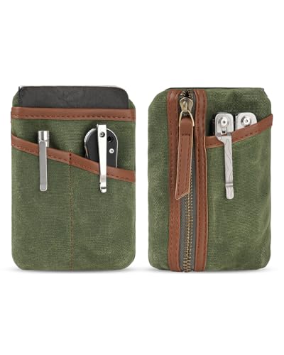 Sayram SP10 kompakter EDC Taschen Organizer aus gewachstem Canvas, EDC Pouch Tasche, Reißverschlusstasche für Herren, EDC Pocket Organizer für Kleingeld, Notizbuch, Taschenlampe (Ölgewachst Grün)