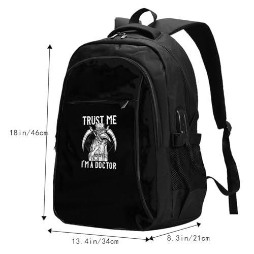 Trust Me I'm A Doctor I Medieval Plague Doctor Travel Backpack, Extra Large 50L Laptop Backpacks for Men Women, College Backpacks Work Bag with USB Charging Port Fits 17 Inch Computer, Black2