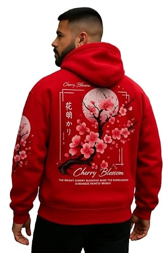 Elyora Mens Fleece Japanese Graphic Hoodies, Fashion Pullover Sweatshirt with Hood, Casual Long Sleeve Fall Winter Streetwear Red