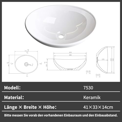 Miniatura 4 de Nuestra Vida Lavabo Sobre Encimera De Cerámica En Blanco Brillante, Lavabo Ovalado De Baño 41 33 14cm, Lavamanos Aseo Cuarto De Baño