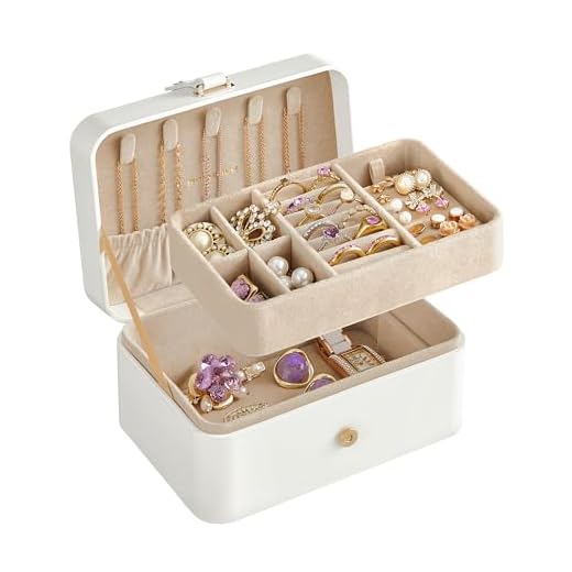 SONGMICS Schmuckkästchen Reise, Schmuckkasten klein, 2 Ebenen Schmuckaufbewahrung, tragbar, Schmuck-Reiseetui, für größere Accessoires, 11 x 16 x 8 cm, Geschenkidee, weihnachten, wolkenweiß JBC166W01