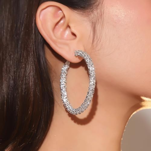 Rhinestone Hoop Earrings for Women Big Gold Silver Hoop Earrings Large Glitter Sparkly Hoops Earring Trendy Prom Wedding Formal Jewelry Gifts 20252