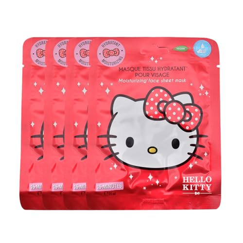 TAKE CARE | Mascarillas de tela hidratante Hello Kitty | Hidratación intensa | Apto para cualquier piel | Fórmula suave | +90% de ingredientes naturales | Vegano | Juego de 4