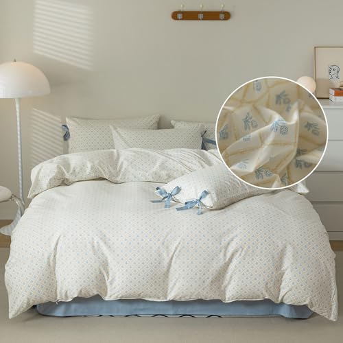 Blue Floral Duvet Cover Twin XL Garden Style Soft Cotton Floral Bedding Comforter Cover Plaid Grid Design Vintage Blue Flower Duvet Cover with 2 Bowknot Pillowcases Botanical Cottagecore Bedding Sets