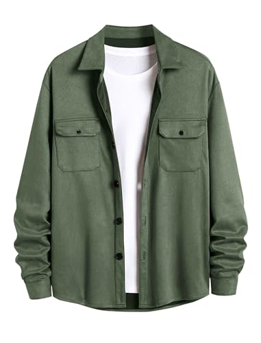 Image of ZAFUL Men's Faux Suede Button Down Shirts Jacket Lightweight Shirt Jacket Long Sleeve Work Coat Solid Color Overshirt