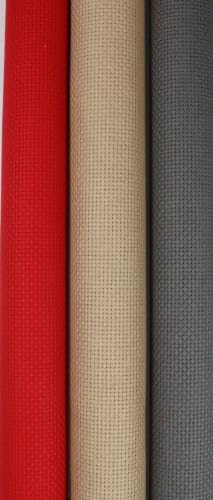 Image of KCS 3 pc of 15 inch x 18 inch(38cmx45cm) 16 Count Cross Stitch Cotton Aida Cloth Needlework Rolled Fabric Box,16CT,Red+Khaki+Dark Grey