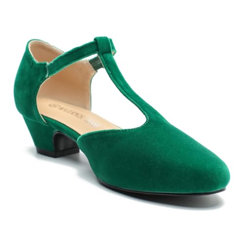 Image of MAIERNISI JESSI Women's T-Strap Mary Jane Pumps, Low Block Heel, Closed Toe, Buckle Ankle Strap