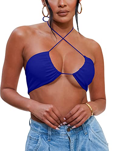 cailami Women s Sexy Summer Criss Cross Halter Sleeveless Crop Top Tie Lace Up Cami, Small, Royal Blue