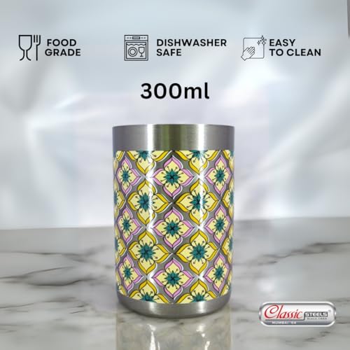 Image of Classic Steels Stainless Steel - Multipurpose Tara Mandala Designer Glass Set for Home & Office | Ideal for Serving Water, Juice, Cold Drinks & Lemonade | Ideal Gift Choice | Pack of 6 | 300 ML Each