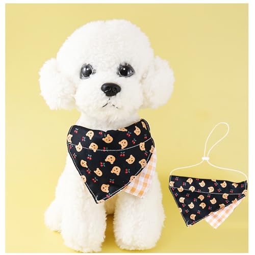 おしゃれなよだれタオル 犬猫調節可能、三角巾、通気性ポリエステル、柔軟水洗い、個性的なデザイン、犬の首輪、食事の漏れ防止、頭巾、かわいい図案、サイズ16 x 10 cm、首輪調節10-30 cm、ペット1.5-7.5 kgを提案 (黒い)