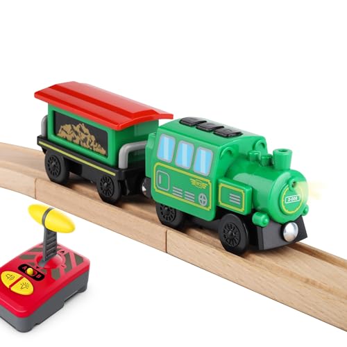 MyKaFort Remote Control Steam Train Set for Wooden Railway Tracks – Battery Operated Engine with Tender & Controller – Lights, Sounds, Magnetic Coupling – Compatible with Brio & Thomas – Ages 3+
