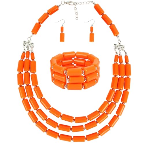 3Pcs Multilayer Tube Beads Necklace Bracelet Earring Set Bohemia Layered Chunky Acrylic Beaded Strand Statement Necklaces for Women Boho Ethnic Fashion Party Costumes Collar Jewelry Gifts (Orange)