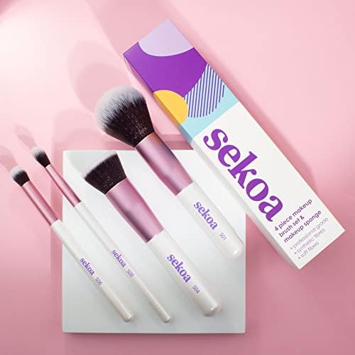 Amazon Brand - Sekoa Makeup Brush Set & Beauty Makeup Sponge, Complete Set of Essential Makeup Brushes, Powder/Blush, Foundation, Concealer, Eye Blending, & Foundation Blending Sponge