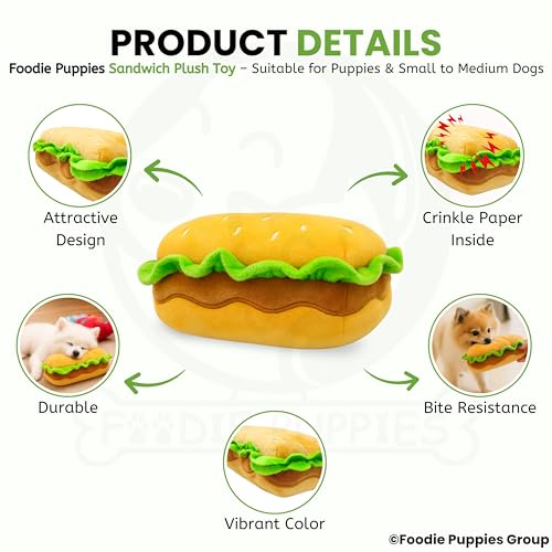 Image of Foodie Puppies Dog Squeaky Plush Toy - (Sandwich) | Durable, Bite-Resistant & Soft Stuffed Chew Toy | Safe, Fun & Interactive for Playtime, Dental Exercise & Teething for Small to Medium Dogs (5cm)