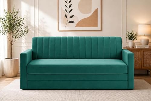 Image of Modern Velvet 3 Seater Sofa Cum Bed with Armrest, Convertible Sleeper Couch Sofa for Living Room, Bedroom & Office - Green Color