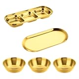 Edelstahl-Gewürz-Set, mehrere Fächer, Saucenschalen mit Ablageschale, stapelbare Dip-Schalen für Snacks und Relish, wiederverwendbares Metall-Servierschalen-Set für Küchenpartys (Gold)