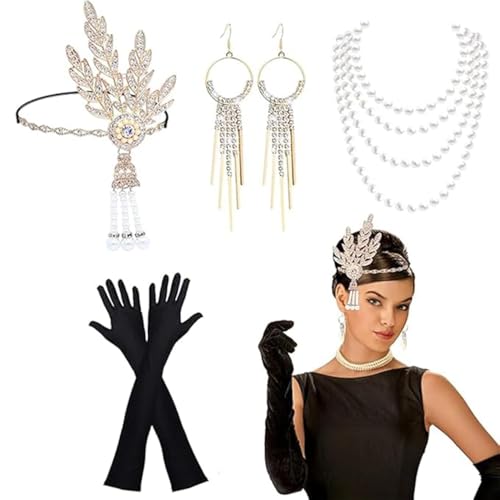 Pecehom 1920er Jahre Flapper Great Gatsby Zubehör-Set Brüllende 20er Jahre Themenset für Frauen, Retro, Karneval, Festival, Halloween, Weihnachten, mit Stirnband, Handschuhen, Halskette, Ohrringen