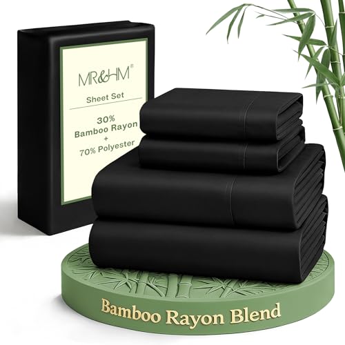 MR&HM Full Size Bed Sheets, 4-Piece Cooling Sheets, Rayon Derived from Bamboo & Polyester Blend, Soft & Silky, 15" Deep Pockets with Elastic Straps, Hotel Luxury for Hot Sleepers, Black
