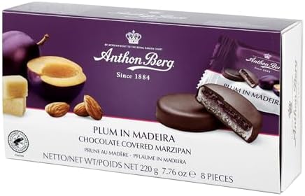 Anthon Berg Dark Chocolate Covered Marzipan Treats, Plum in Madeira, with a Delicious Jam of Fresh Fruits, 220 g Box, (Pack of 1)
