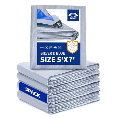 Small Tarps 5x7 Feet (5 Pack), 5.5 Mil Thick, Multipurpose Waterproof Poly Tarp Cover with Metal Grommets and Reinforced Edges, Silver/Blue Tarp by RAINDEWAY