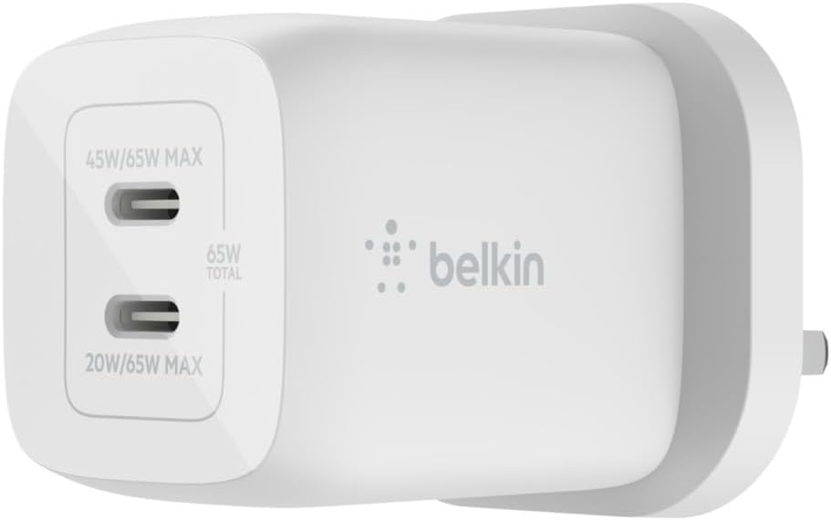 65W Dual USB Type C Wall Charger, Fast Charging Power Delivery 3.0 with GaN Technology, USB Plug fast charger for iPhone 17, Air, iPad, MacBook, Samsung Galaxy S25, Pixel and More - White