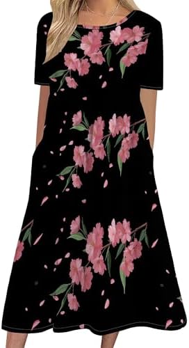 Boho Floral Print Dresses for Women Midi High Waist Dress Short Sleeve Crewneck Loose Fit Casual Dress with Pockets