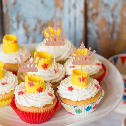 Arthsdite 24 Pcs Princess Crown Cupcake Toppers Princess Cake Pick Decorations for Wedding Girl Birthday Baby Shower Party Decorations - Rose Gold Glitter