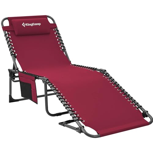KingCamp Chaise Lounge Chair with Removable Pillow 3-Position Adjustable Reclining Chair Folding Patio Recliner for Camping Pool Beach Outdoor, Supports 300lbs, Red