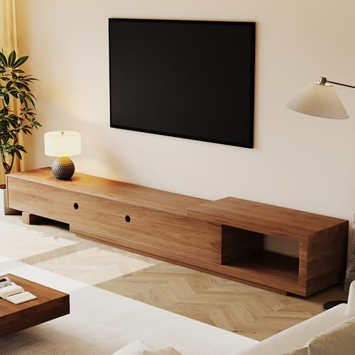 Upwivkre 78.54&ndash;103&rdquo; Mid-Century Modern Walnut TV Stand, Extendable Media Console with Slatted Door Design, Featuring Drawers and Open Shelves, Suitable for Living Room and Bedroom