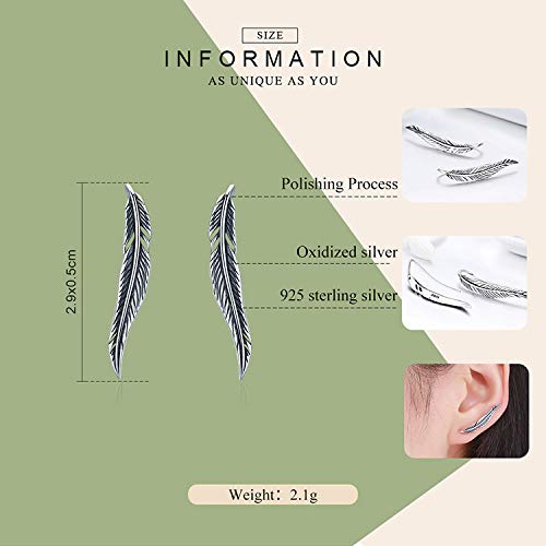 Feather 925 Sterling Silver Ear Cuff Wrap Earrings for Women Girls Pierced ears Crawler Climber Hypoallergenic3