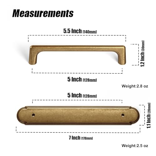 Goo-Ki Antique Brass Cabinet Pulls with Backplate,Zinc Alloy Cabinet Handle with 5\'\'(128MM) Hole Centers 2 Pack