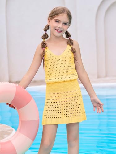 Image of Haloumoning Girls Sleeveless Crochet Swimsuit Cover Up Kids Summer Hollow Out Knitted Beach Dress 7-14 Years