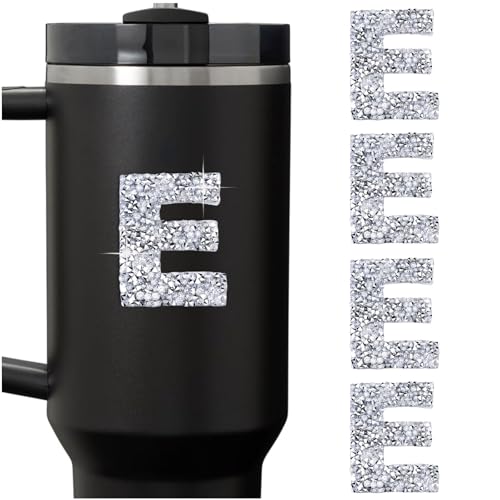 LUHOHI 4PCS Bling Rhinestone Initial Letter Stickers, Large Glitter Alphabet Personalized Monogram Name Sparkly Decals for Stanley Cup Bottles Graduation Cap Luggage Self Adhesive Waterproof E