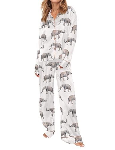 Image of SHESHOW Satin Pajamas Set for Women Set Long Sleeve Button Down Pjs Sets 2 Piece Loungewear Animal Sleepwear XS-XXL