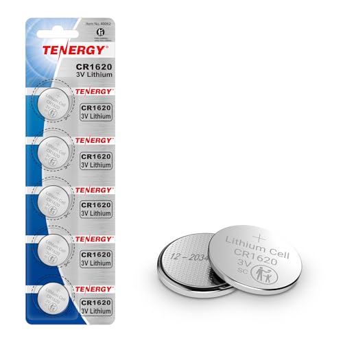Tenergy CR1620 3V Lithium Button Cell Battery for Car Keys Watches Calculators Remote Controls 5 Count
